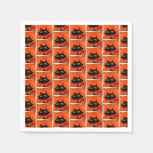 Halloween Black Cat Orange Squares Cartoon Napkin