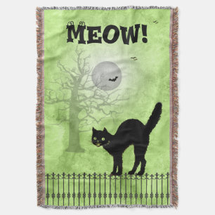 Halloween Black Cat Over-all Green Print Scene Throw Blanket