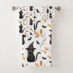 Halloween Black Cat Pattern - Witchy Cat Bath Towel Set