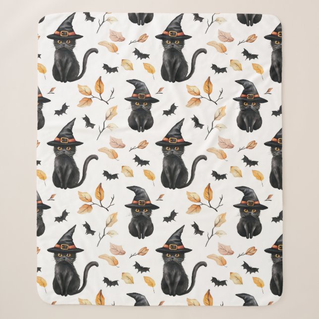 Halloween Black Cat Pattern - Witchy Cat  Sherpa Blanket (Front)
