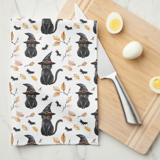 Halloween Black Cat Pattern - Witchy Cat  Tea Towel (Quarter Fold)