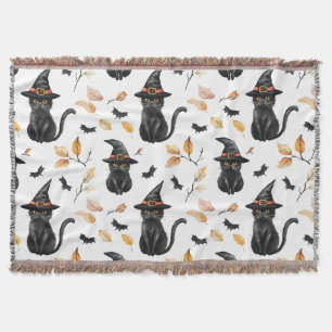 Halloween Black Cat Pattern - Witchy Cat Throw Blanket