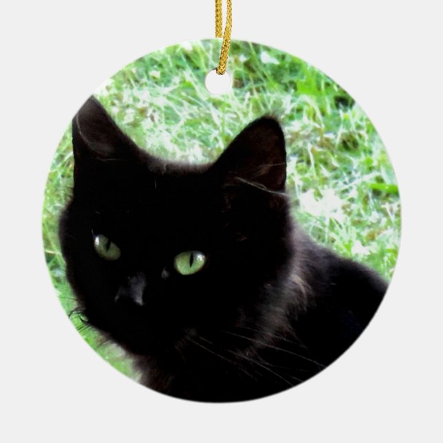 Halloween Black Cat Photo Design Ceramic Tree Decoration (Front)