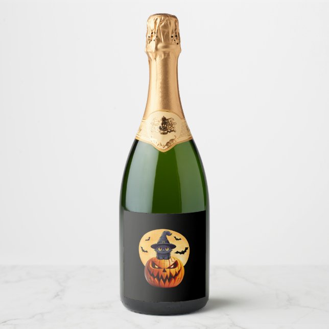 Halloween Black Cat Pumpkin Bring Excitement Men W Sparkling Wine Label (Front)