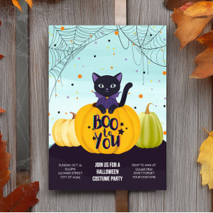 Halloween Black Cat Pumpkin Cute Costume Party Invitation