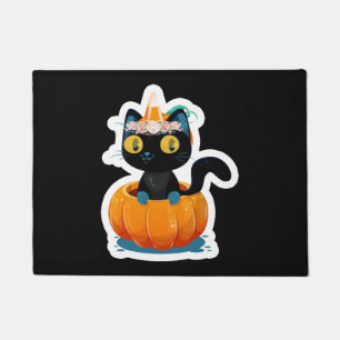 Halloween black cat pumpkin doormat