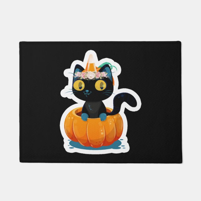 Halloween black cat pumpkin doormat (Front)