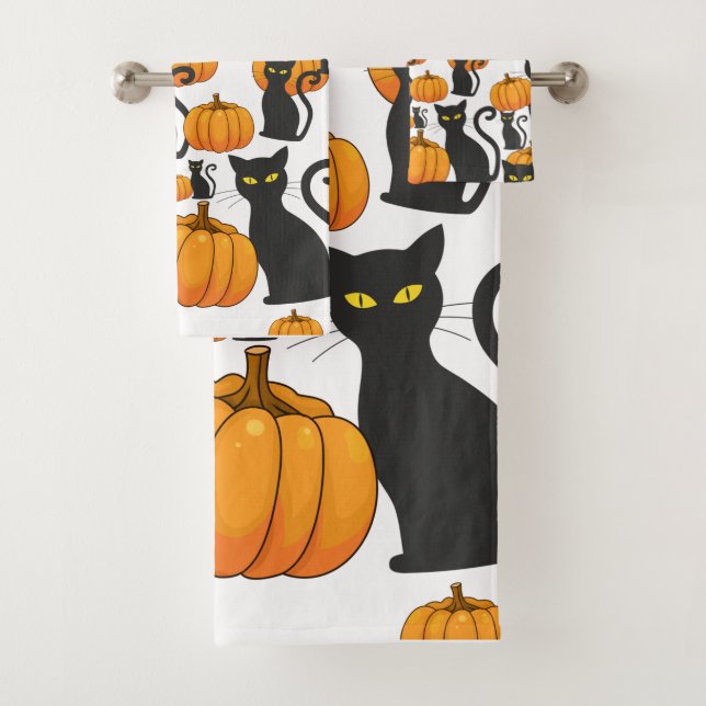 Halloween Black Cat Pumpkin Fun Bath Towel Set (Insitu)