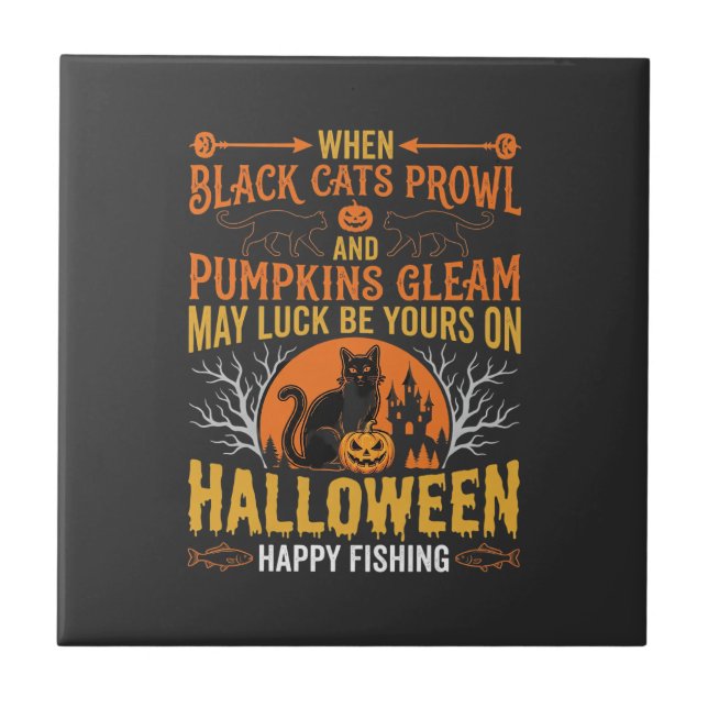 Halloween Black Cat Pumpkin Happy Fishing Design Ceramic Tile (Front)