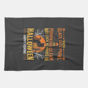 Halloween Black Cat Pumpkin Happy Fishing Design Tea Towel