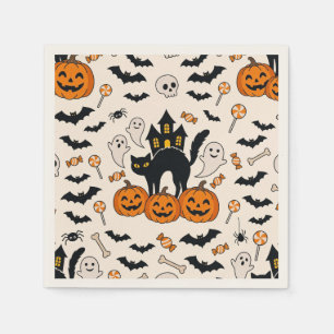 Halloween Black Cat & Pumpkin Haunted House Napkin