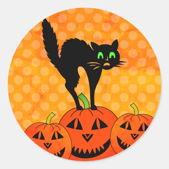 Halloween Black Cat Pumpkin Jack O' Lantern Classic Round Sticker (Front)