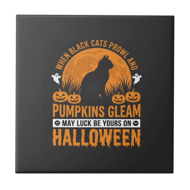 Halloween Black Cat Pumpkin Moon Design_1 Ceramic Tile (Front)