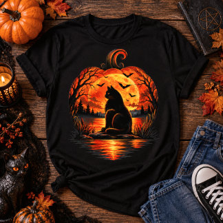 Halloween Black Cat Pumpkin Moon T-Shirt