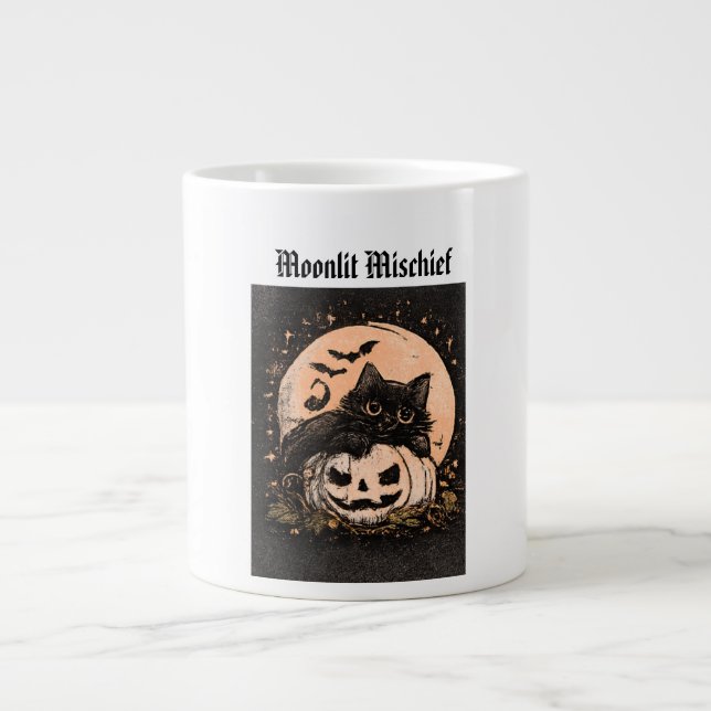 Halloween Black Cat & Pumpkin Moonlight  Large Coffee Mug (Front)