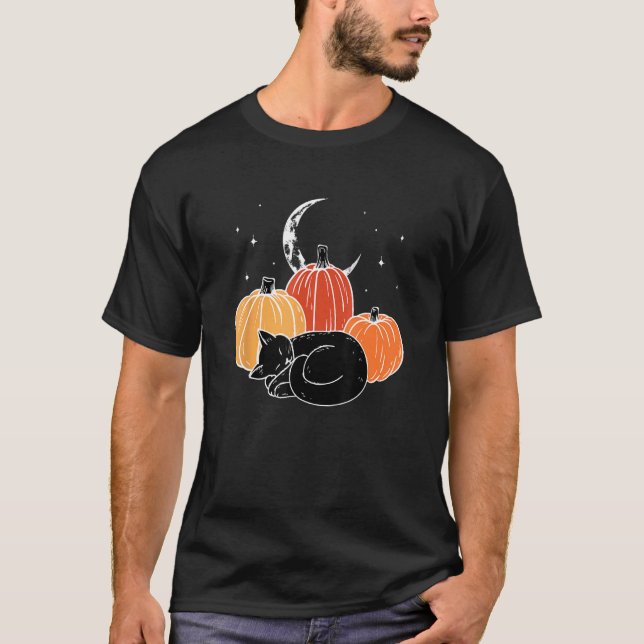 Halloween  Black Cat Pumpkin Nap T-Shirt (Front)
