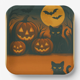 Halloween Black Cat & Pumpkin  Plates –