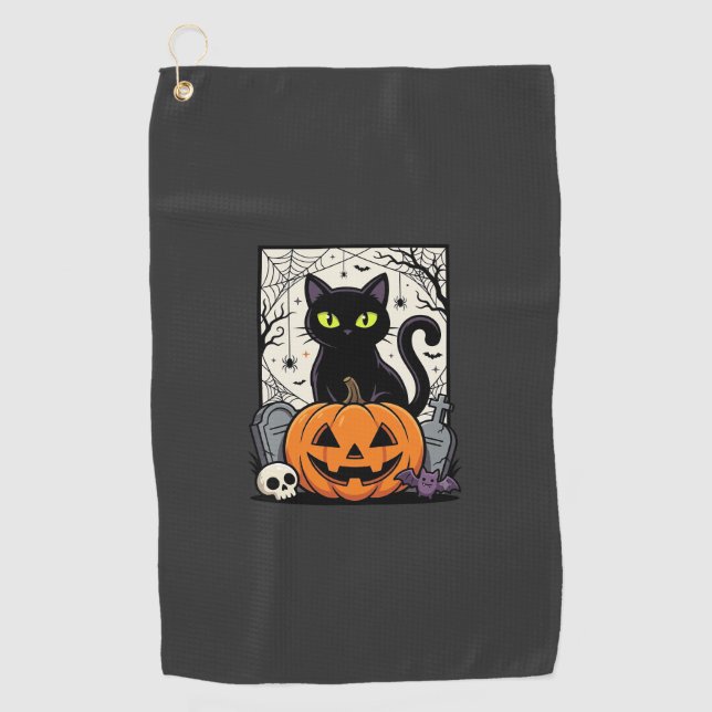 Halloween Black Cat Pumpkin Vector Design Golf Towel (Front)