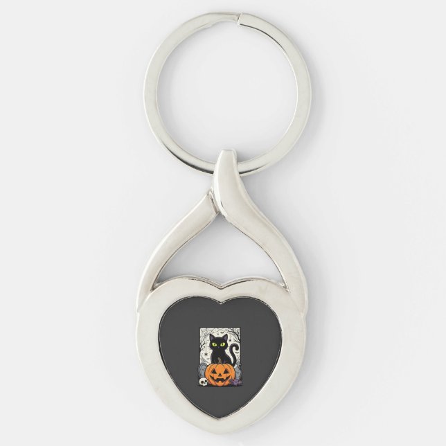 Halloween Black Cat Pumpkin Vector Design Key Ring (Front)