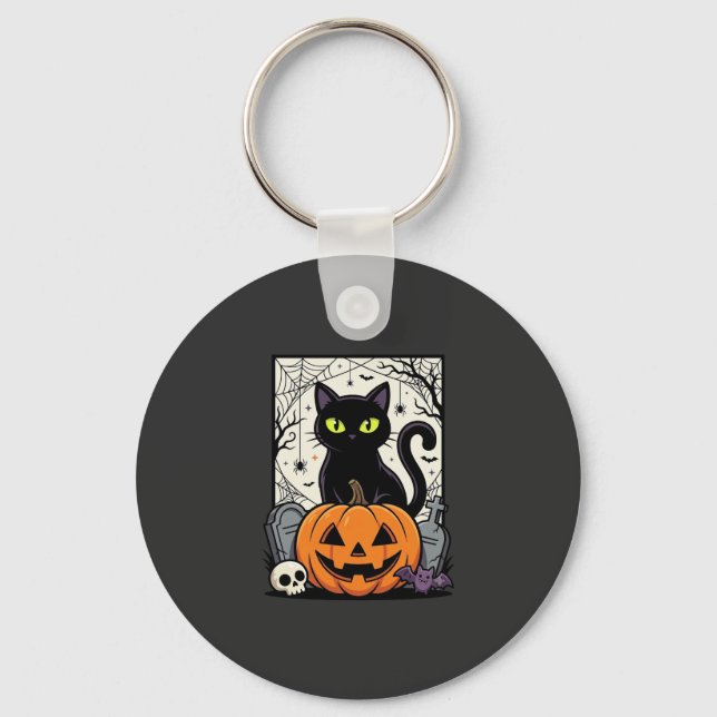 Halloween Black Cat Pumpkin Vector Design Key Ring (Front)