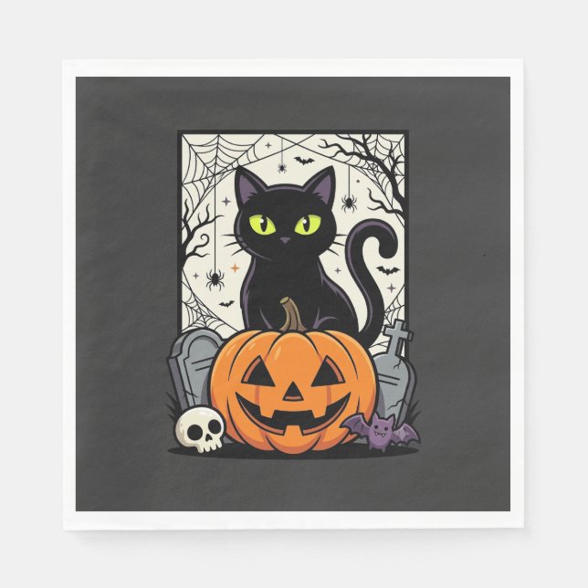 Halloween Black Cat Pumpkin Vector Design Napkin (Front)