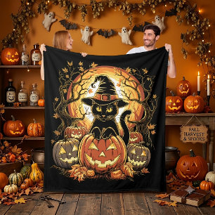 Halloween Black Cat Pumpkin Witch Cat Scary Fleece Blanket
