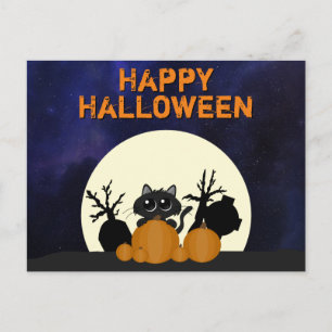 Halloween Black Cat Pumpkins Graveyard Full Moon Postcard