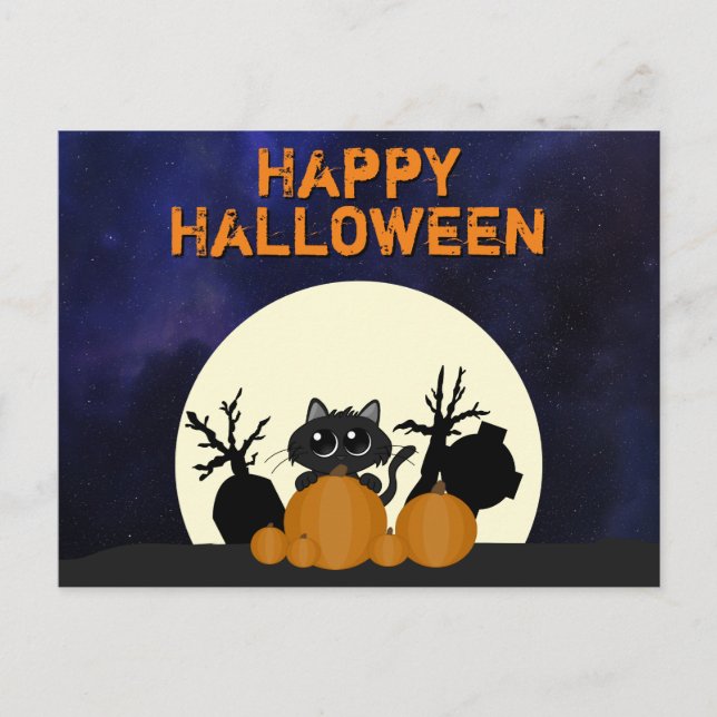Halloween Black Cat Pumpkins Graveyard Full Moon Postcard (Front)
