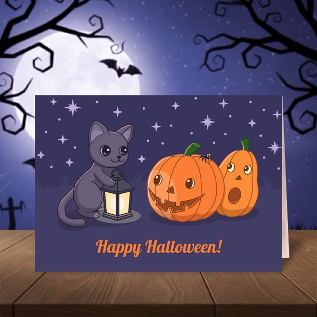 Halloween Black Cat Pumpkins Lantern Purple Card (Creator Uploaded)