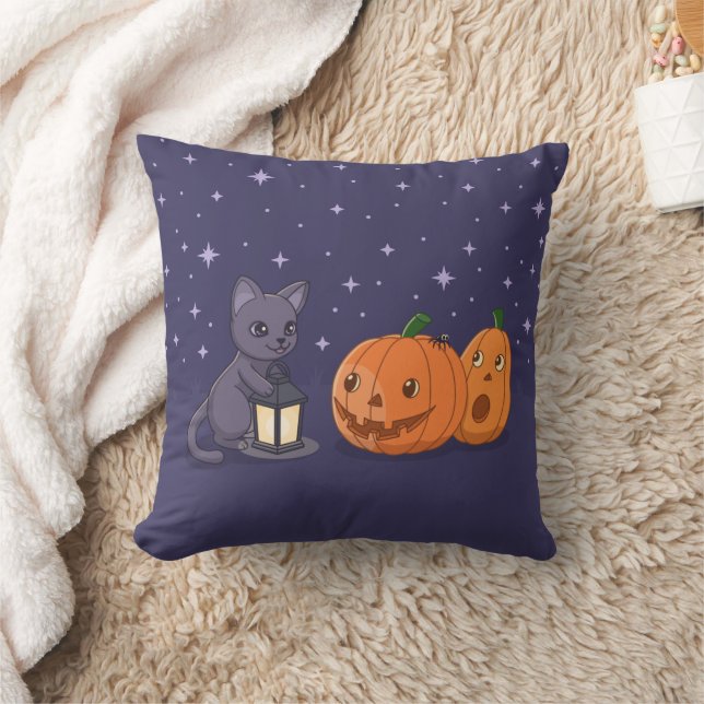 Halloween Black Cat Pumpkins Lantern Purple Cushion (Blanket)