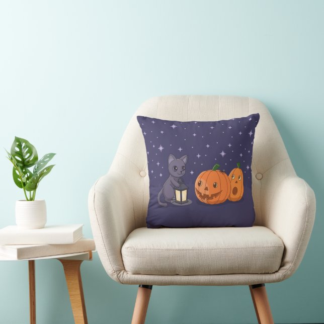 Halloween Black Cat Pumpkins Lantern Purple Cushion (Chair)