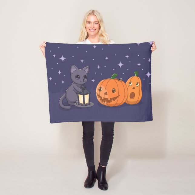 Halloween Black Cat Pumpkins Lantern Purple Fleece Blanket (In Situ)