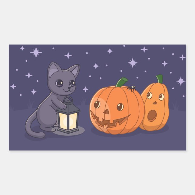 Halloween Black Cat Pumpkins Lantern Purple Rectangular Sticker (Front)