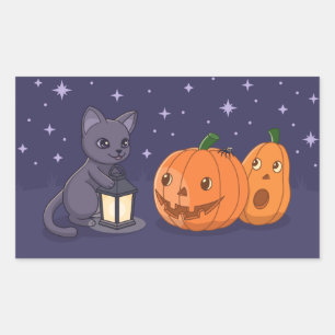 Halloween Black Cat Pumpkins Lantern Purple Rectangular Sticker
