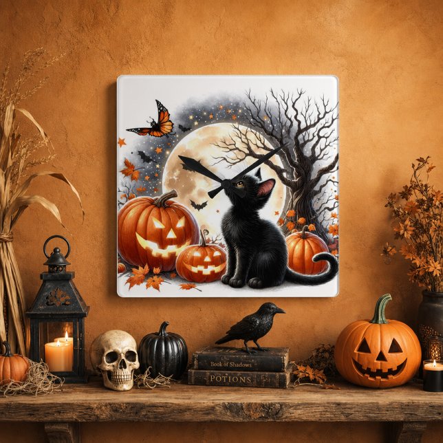 Halloween Black Cat & Pumpkins Rustic Amber  Square Wall Clock (Creator Uploaded)