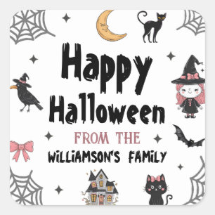 Halloween Black Cat raven crow Custom Family Name Square Sticker