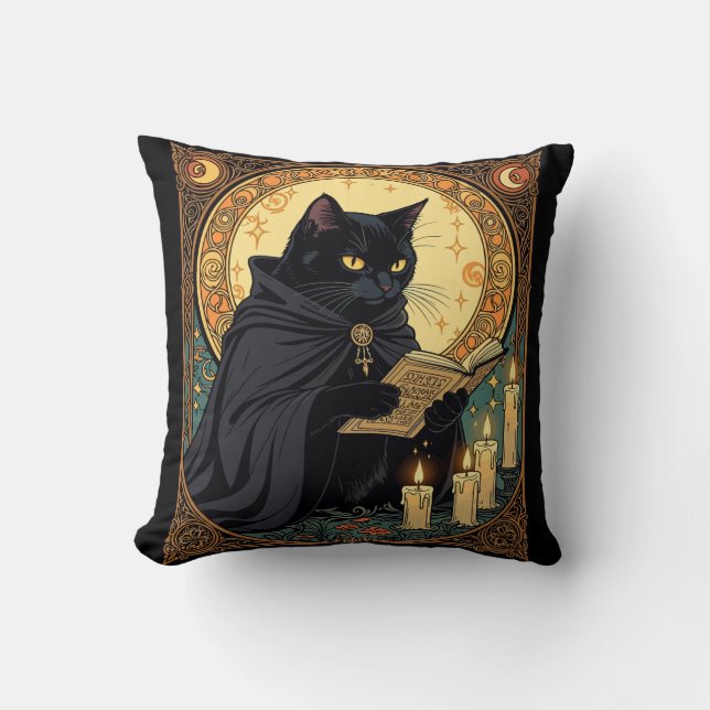 Halloween Black Cat Reading A Book Cushion (Front)