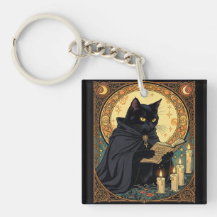 Halloween Black Cat Reading A Book Key Ring
