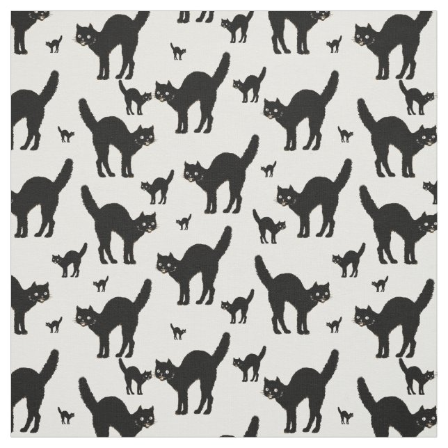 Halloween Black Cat Silhouette Pattern White BG Fabric (Swatch)