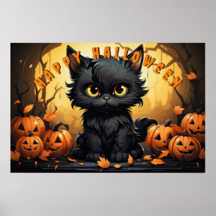 Halloween Black Cat Sitting With Jack-O'-Lanterns Poster