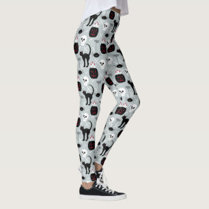Halloween Black Cat Skulls, Spooky pumpkins Womens Leggings