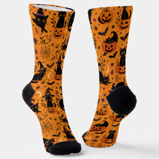 Halloween Black Cat, Spooky Cat Pumpkin Pattern Socks