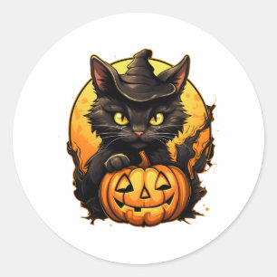 Halloween Black Cat - Spooky Pumpkin Witch Kitty Classic Round Sticker