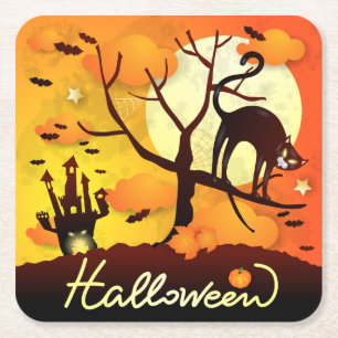 Halloween Black Cat Square Paper Coaster
