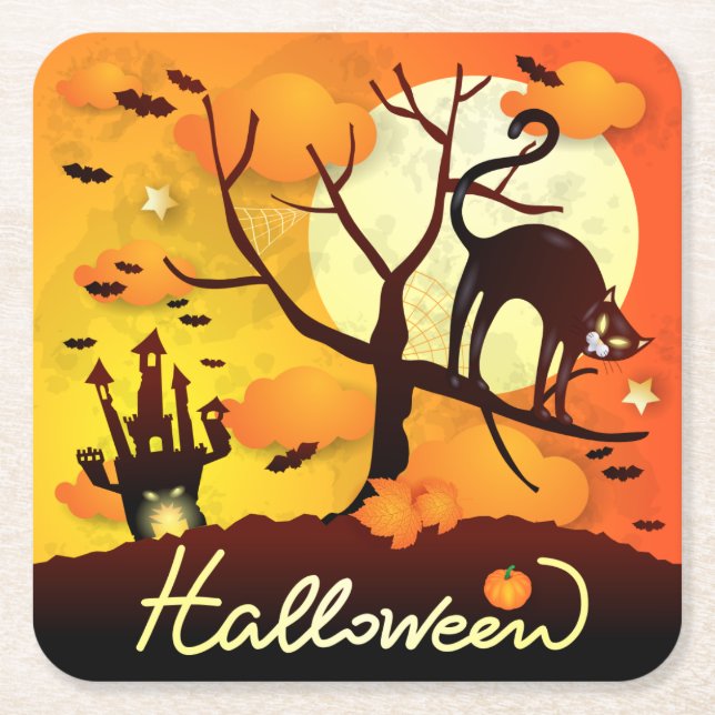Halloween Black Cat Square Paper Coaster (Front)