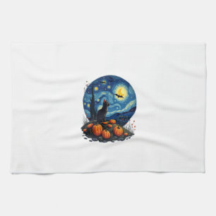 Halloween Black Cat Starry Night Cat Lovers Cat Tea Towel