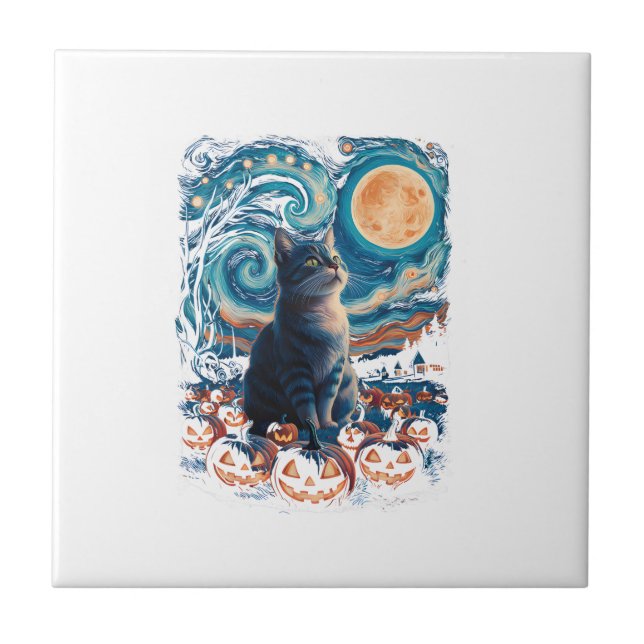 Halloween black Cat Starry Night Cat Pumpkins Hall Ceramic Tile (Front)