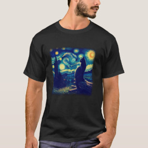 Halloween Black Cat Starry Night Van Gogh Sky Pain T-Shirt