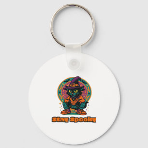 Halloween Black Cat � Stay Spooky Retro Witch Cat Key Ring