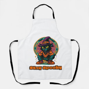 Halloween Black Cat Stay Spooky Retro Witch Cat w Apron